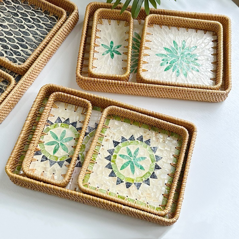 Vietnam Rattan Shell Fruit Plate Rectangular Tray Storage Basket Dining Tray