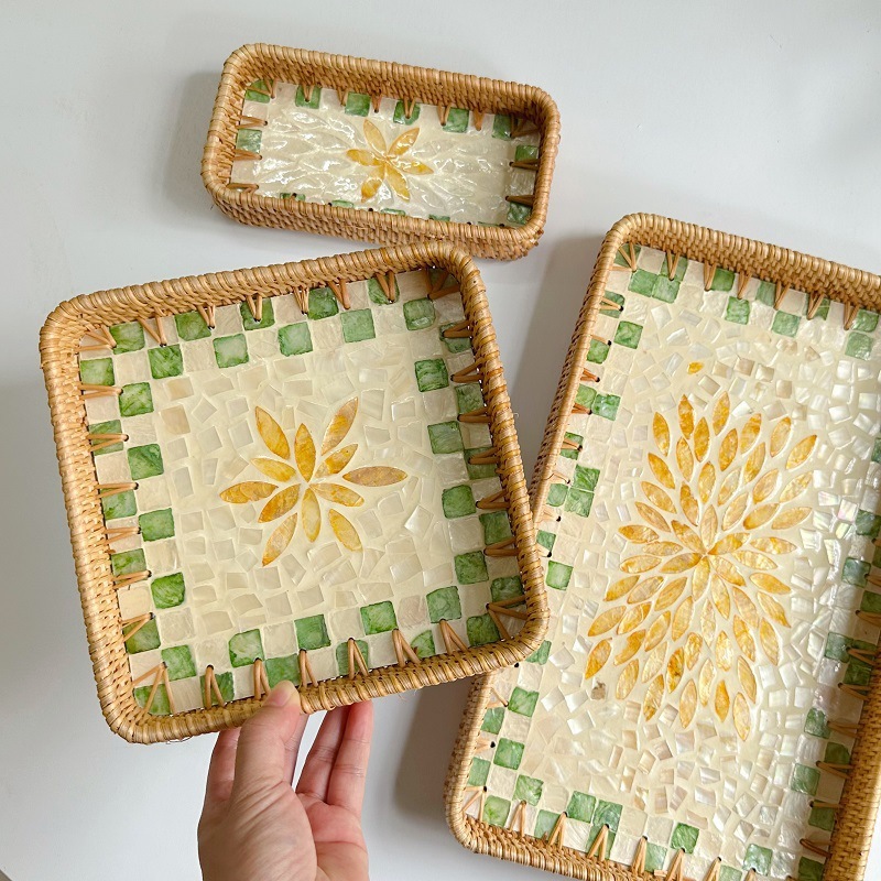 Vietnam Rattan Shell Fruit Plate Rectangular Tray Storage Basket Dining Tray - Image 2